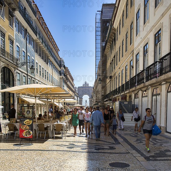 Lively pedestrian street Rua da Augusta in the old town district Baixa