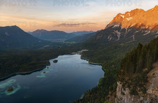 View over the Eibsee lake at sunset