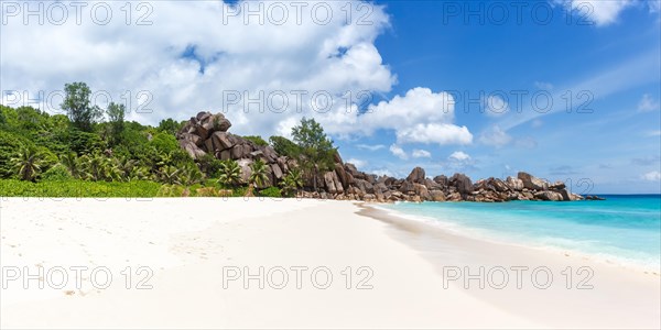 Grand Anse Beach on La Digue Island Panorama Sea Holiday Vacation Travel in the Seychelles