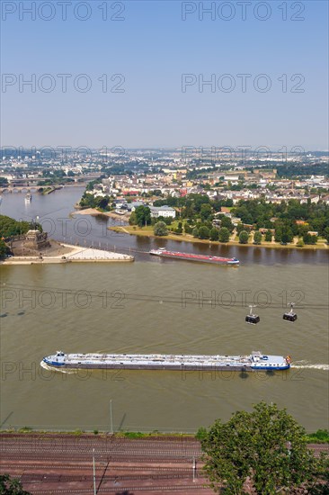 German Corner River Rhine Moselle with ships and cable car in Koblenz