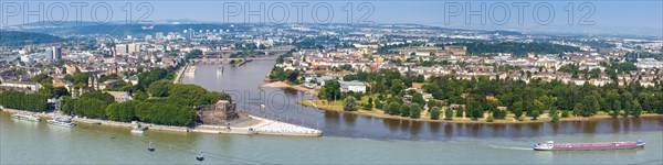 German Corner River Rhine Moselle with ships and cable car panorama in Koblenz