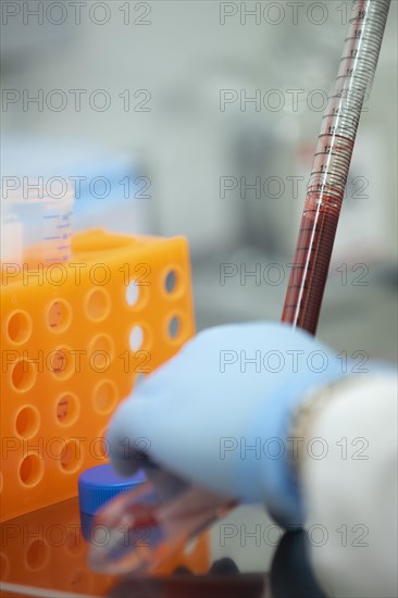 Medical laboratory assistant fills blood into a centrifuge tube