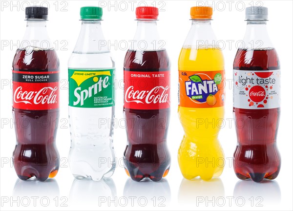 Coca Cola Coca-Cola Fanta Sprite products lemonade soft drink drinks in plastic bottles cut-out isolated against a white background