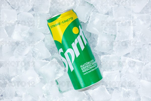 Sprite lemonade soft drink beverage in a can on ice cube ice cubes