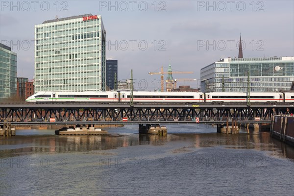 ICE 4 train of Deutsche Bahn DB on the Oberhafen bridge in Hamburg