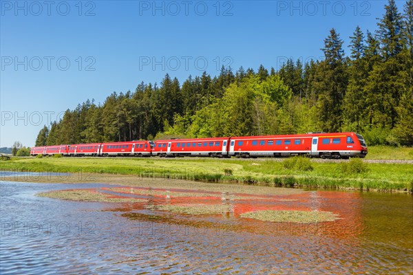 Bombardier Transportation RegioSwinger tilting technology regional train of Deutsche Bahn DB Bayern in Allgaeu in Ruderatshofen