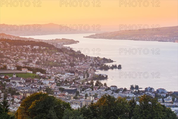 View at sunset from Feusisberg across Lake Zurich to Zurich