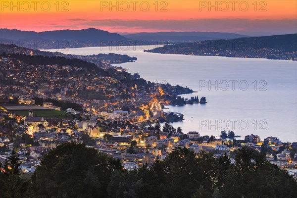 View at dusk from Feusisberg across Lake Zurich to Zurich