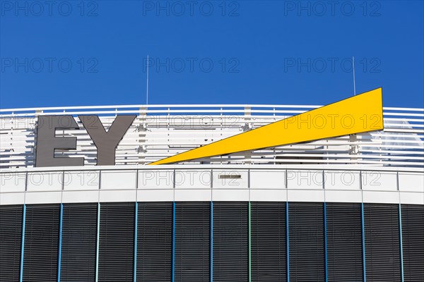 Ernst & Young EY logo at the headquarters at Stuttgart Airport