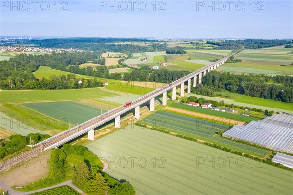 InterCity IC train of DB Deutsche Bahn on the Enztal bridge of the NBS Mannheim-Stuttgart in Enzweihingen