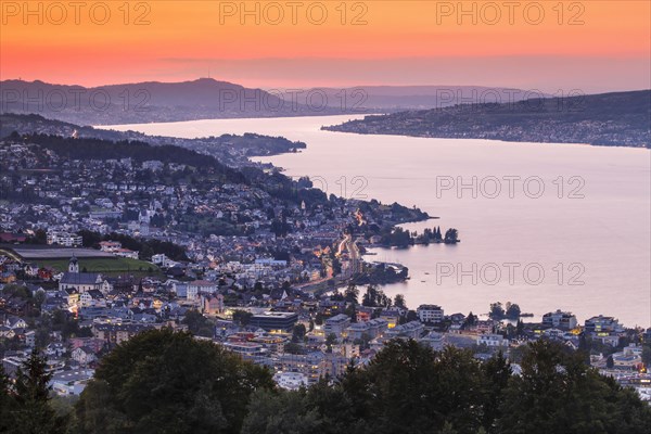 View at dusk from Feusisberg across Lake Zurich to Zurich