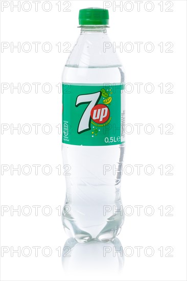 7 up Lemonade soft drink beverage in a plastic bottle cut-out isolated against a white background