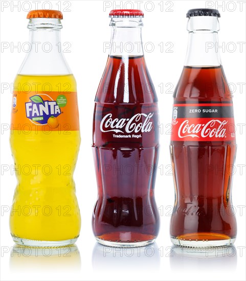 Coca Cola Coca-Cola Fanta Products Lemonade Drinks in Bottles Cut-out isolated against a white background