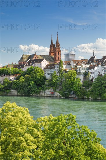 View from the banks of the Rhine along the river promenade to Basel Cathedral and the leafy old town of Basel with the turquoise-coloured Rhine River in the foreground