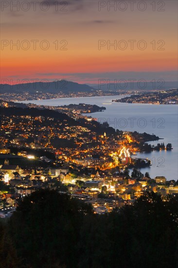 View at dusk from Feusisberg across Lake Zurich to Zurich