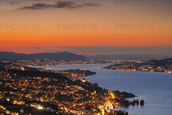 View at dusk from Feusisberg across Lake Zurich to Zurich