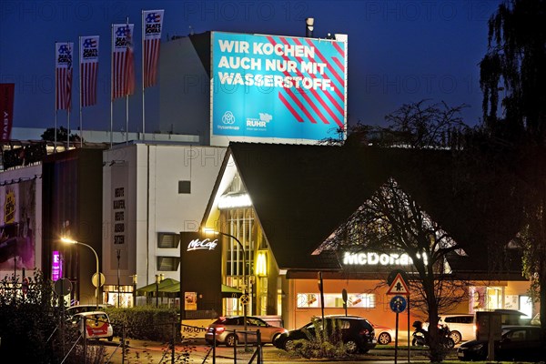 McDonald's and large poster Climate steel at the ThyssenKrupp Steel Bochum plant