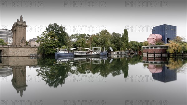 The Landwehr Canal with restaurant ship Capt'n Schillow and the UT 2 Versuchsanstalt fuer Wasserbau und Schiffbau at Charlottenburger Tor