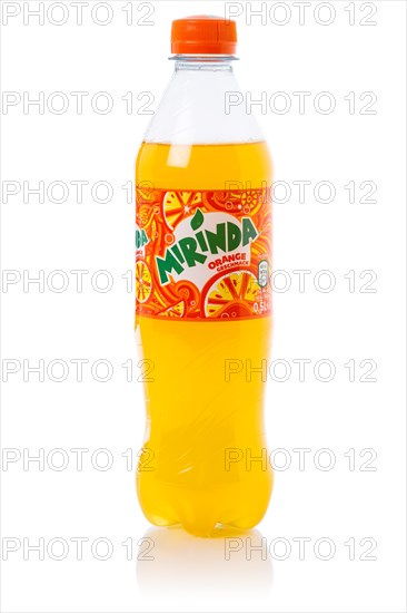 Mirinda lemonade soft drink beverage in a plastic bottle cut-out isolated against a white background