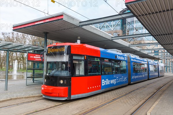 Tram AEG Adtranz GT8N tram local traffic at the airport stop in Bremen