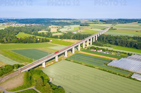 InterCity IC train of OeBB Austrian Federal Railways on the Enztal bridge of the NBS Mannheim-Stuttgart in Enzweihingen