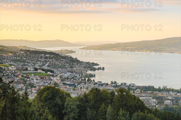 View at sunset from Feusisberg across Lake Zurich to Zurich