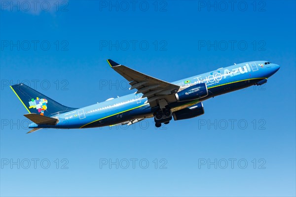 A TAP Air Portugal Airbus A330-200 with registration PR-AIT and Tudo Azul special livery at Lisbon Airport