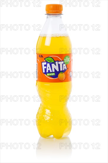 Fanta Orange lemonade soft drink beverage in a plastic bottle cut-out isolated against a white background