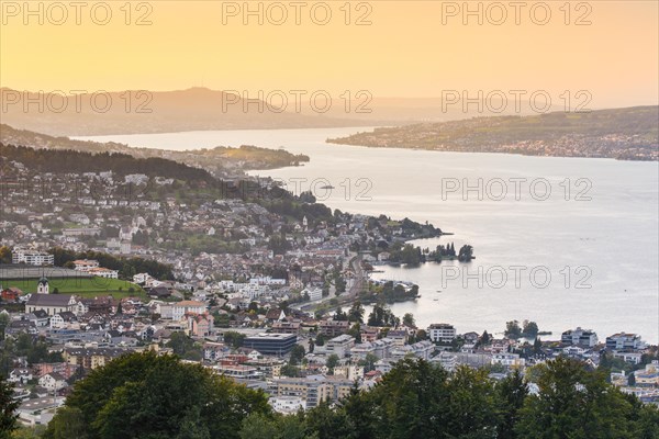 View at sunset from Feusisberg across Lake Zurich to Zurich