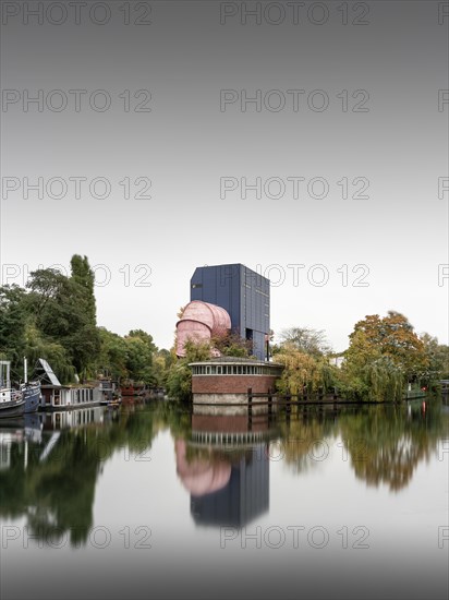 The Landwehr Canal with restaurant ship Capt'n Schillow and the UT 2 Versuchsanstalt fuer Wasserbau und Schiffbau at Charlottenburger Tor