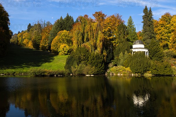 Jussow Temple with fountain pond in autumn