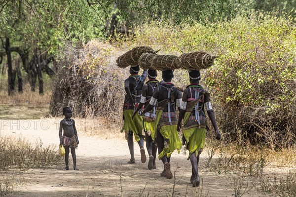 Girls with collected reeds on their heads on their way home