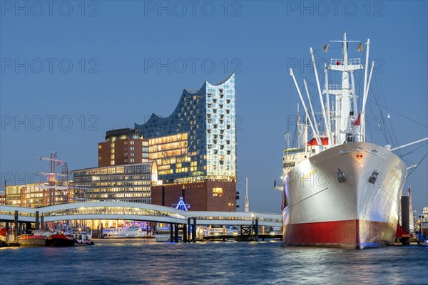 Landungsbruecken with museum ship Cap San Diego at Ueberseebruecke and Elbe Philharmonic Hall