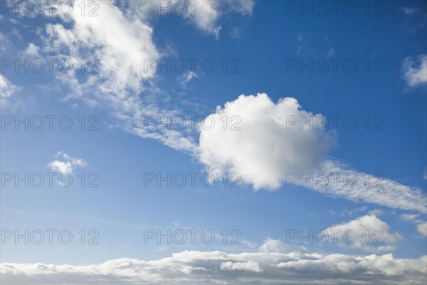 Feather and fleecy clouds adorn the blue sky in strong winds