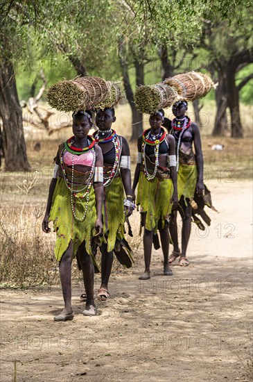 Girls with collected reeds on their heads on their way home