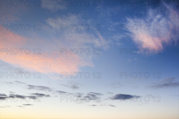 Pink coloured cirrus clouds adorn the blue sky at sunrise