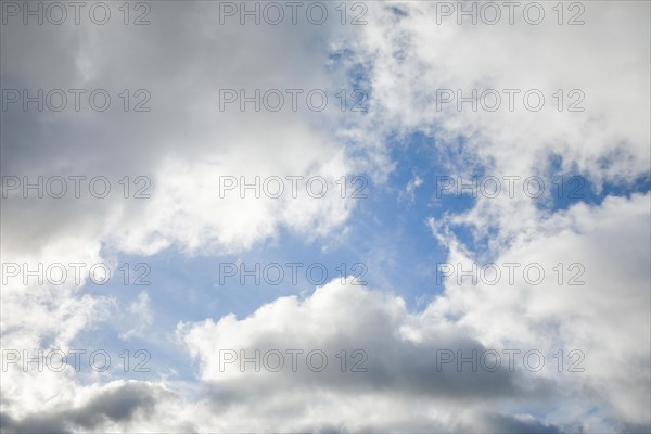 Stratocumulus clouds and blue sky windows form spectacular cloud formation in the sky during Foehn storm