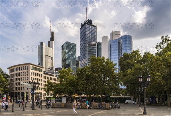 Skyline of Frankfurt am Main from Opernplatz with the skyscrapers Buerohaus an der Alten Oper