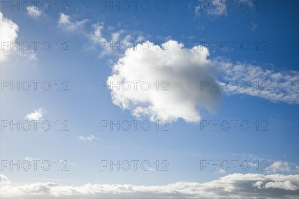 Feather and fleecy clouds adorn the blue sky in strong winds