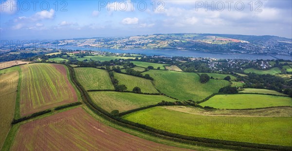 Panorama from a drone of fields over Ringmore and River Teign