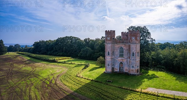 The Belvedere Tower over Powderham Park from a drone