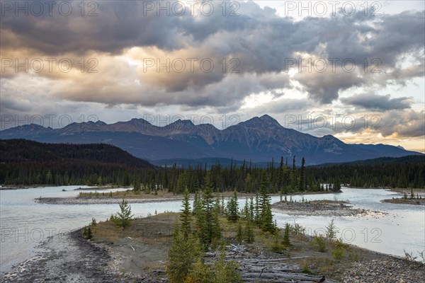 View of a valley with river in evening mood