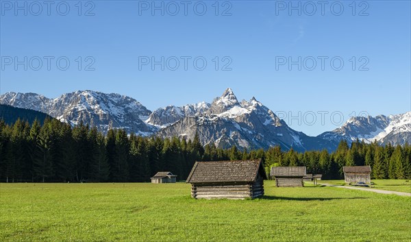 Meadow with hay barns