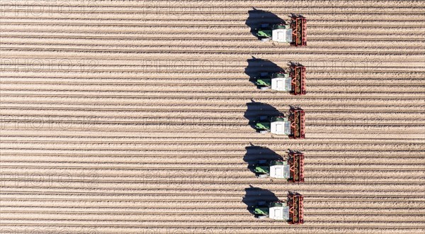Aerial view of tractors ploughing fields in the agricultural sector