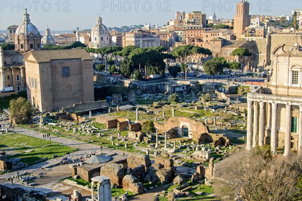 View of Roman Forum with in the middle ruins of Basilica Aemilia