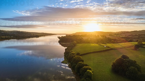 Sunrise over Fields and River Teign from a drone