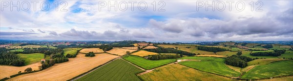 Panorama of Fields and Meadows over English Village from a drone