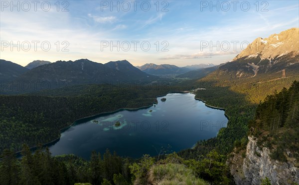 View over the Eibsee lake at sunset