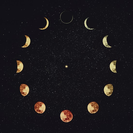 Moon phases over starry night sky background