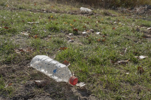 Discarded plastic bottles in a meadow in the shore zone